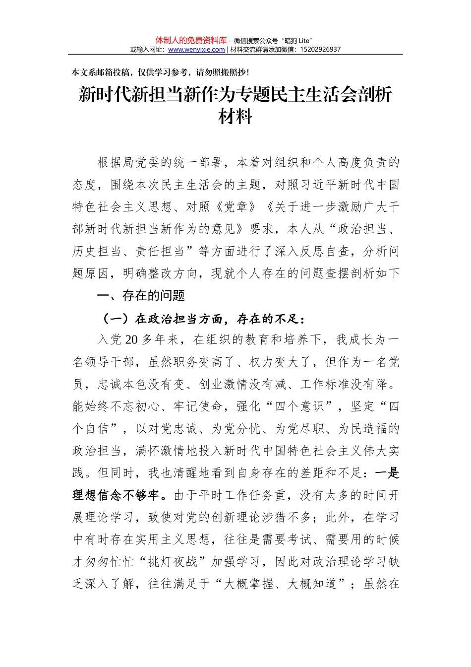 新时代新担当新作为专题民主生活会剖析材料（范文）_第1页