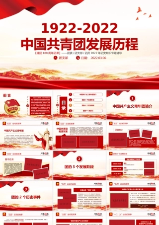 1922-2022百年团史PPT红色简洁庆祝中国共青团建团100周年专题团课课件模板下载