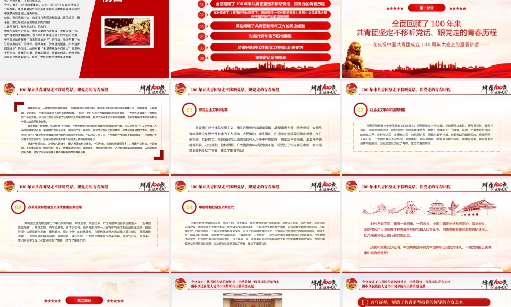 红色精美在庆祝中国共产主义青年团成立100周年大会上的讲话精神解读团课课件