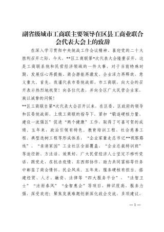副省级城市工商联主要领导在区县工商业联合会代表大会上的致辞202210