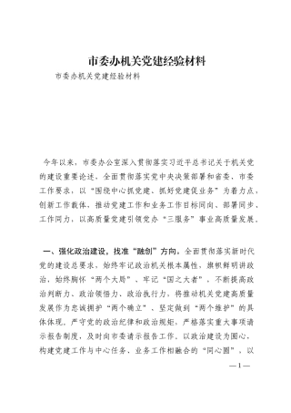 市委办机关党建经验材料202210