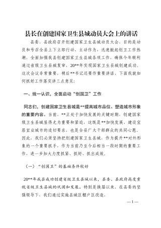 县长在创建国家卫生县城动员大会上的讲话202210