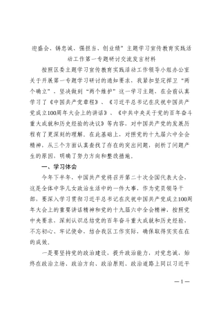 迎盛会、铸忠诚、强担当、创业绩”主题学习宣传教育实践活动工作第一专题研讨交流发言材料202210