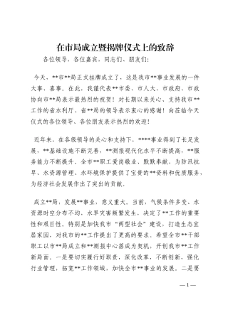 在市局成立暨揭牌仪式上的致辞202210