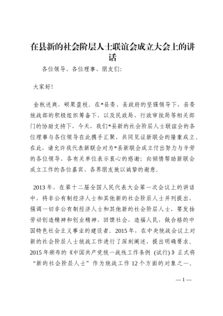 在县新的社会阶层人士联谊会成立大会上的讲话202210