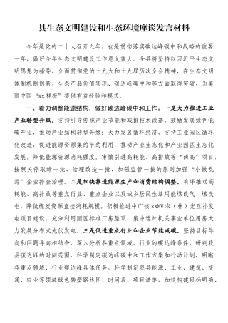 县生态文明建设和生态环境座谈发言材料 (1)202211