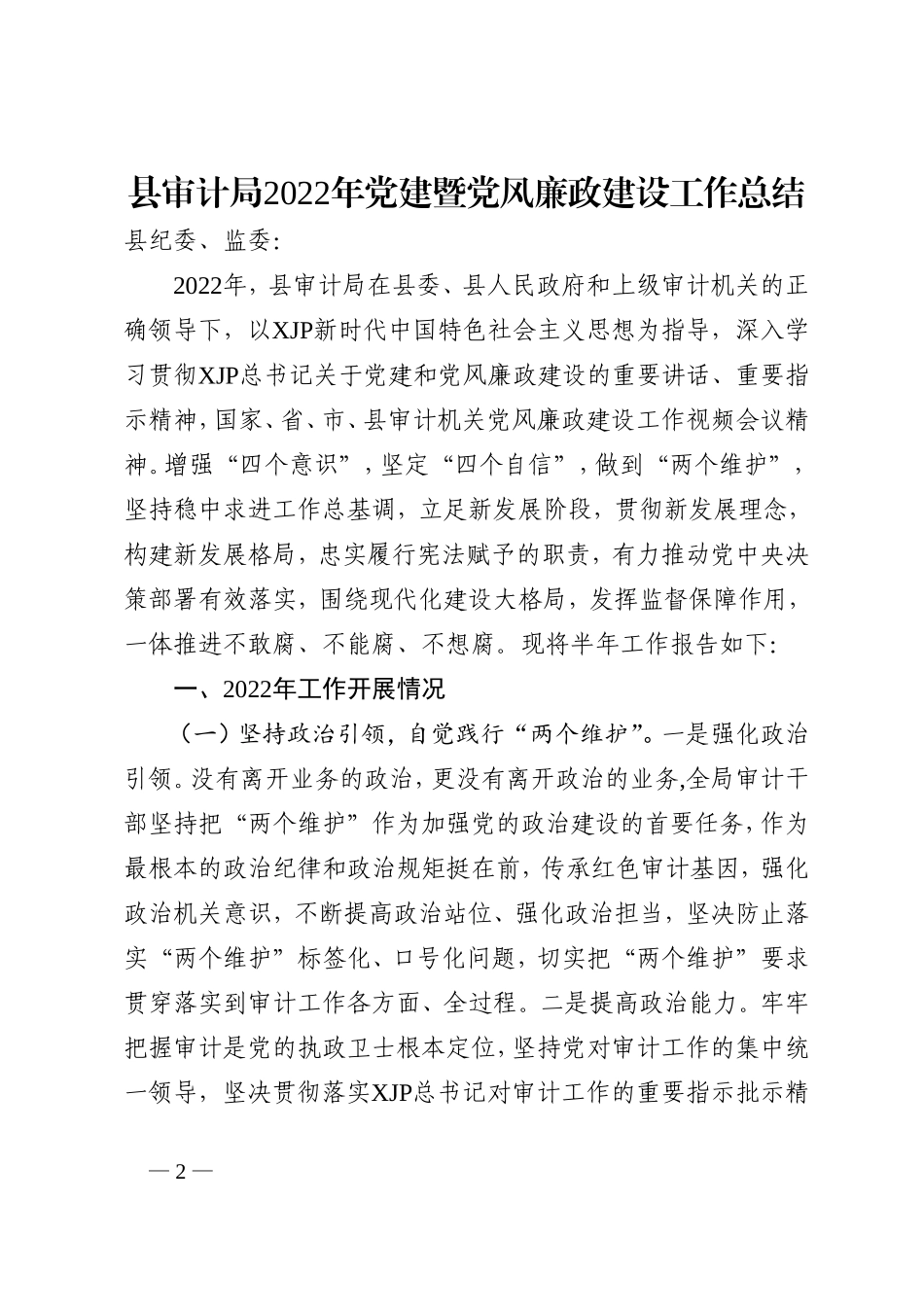 县审计局2022年党建和党风廉政建设工作总结202211_第2页