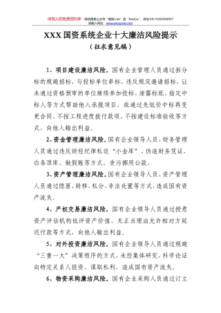 XXX国资系统企业十大廉洁风险提示