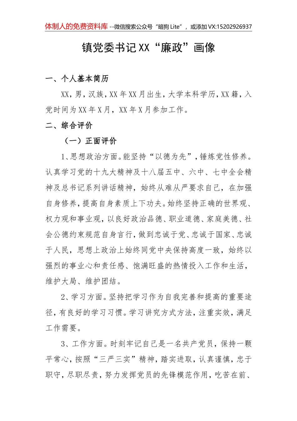 乡镇党委书记“廉政”画像_第1页
