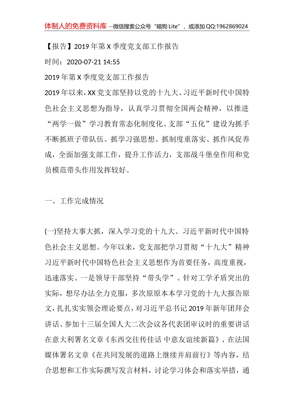 2019年第X季度党支部工作报告_第1页