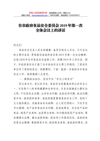 在市政府食品安全委员会2019年第一次全体会议上的讲话