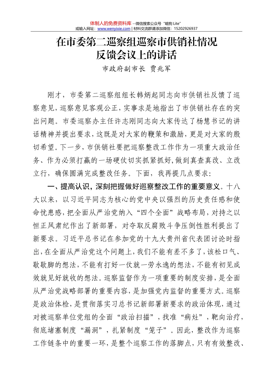 XX市副市长在市委第二巡察组巡察市供销社情况反馈会议上的讲话_第1页