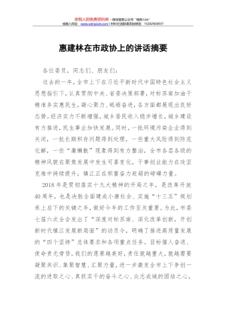 惠建林在市政协上的讲话摘要