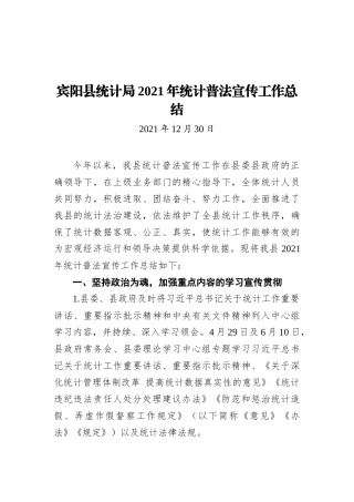 宾阳县统计局2021年统计普法宣传工作总结