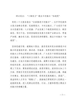 研讨发言：“三维发力”跑出乡村振兴“加速度”202210