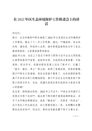 在2022年区生态环境保护工作推进会上的讲话202210