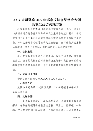 XXX公司党委2022年巡察反馈意见整改专题民主生活会实施方案