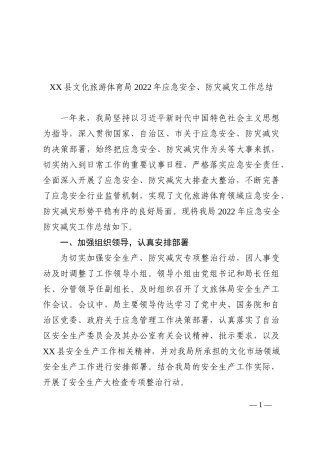 XX县文化旅游体育局2022年应急安全、防灾减灾工作总结