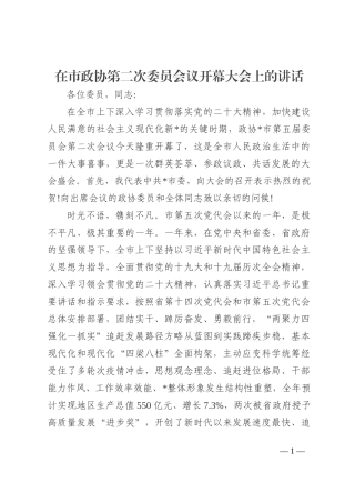 在市政协第二次委员会议开幕大会上的讲话