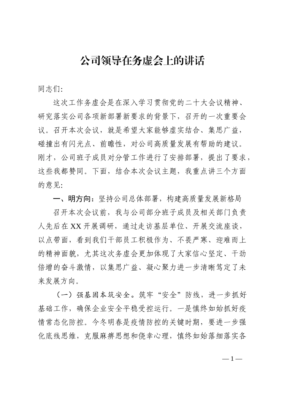 公司领导在务虚会上的讲话_第1页
