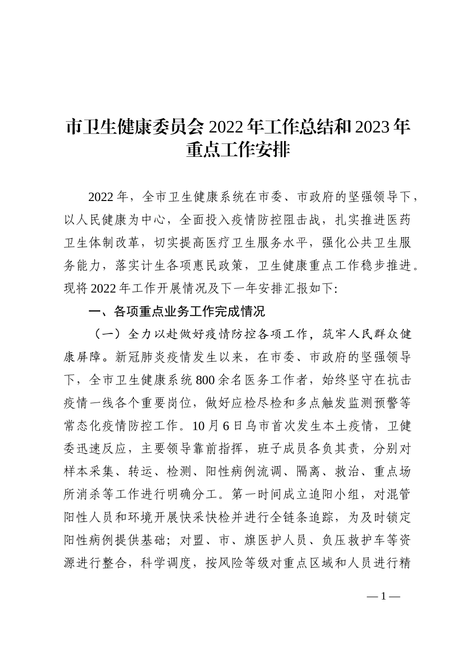 市卫生健康委员会 2022年工作总结和2023年重点工作安排_第1页