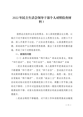 2022年民主生活会领导干部个人对照检查材料