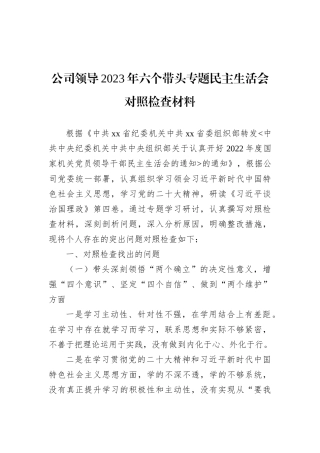 公司领导2023年六个带头专题民主生活会对照检查材料