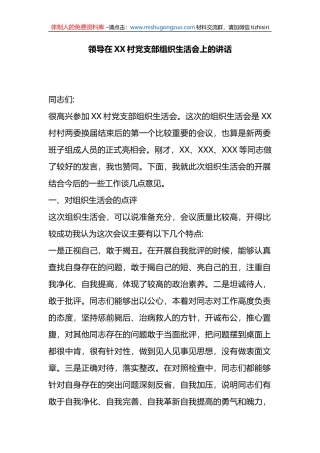 领导在XX村党支部组织生活会上的讲话