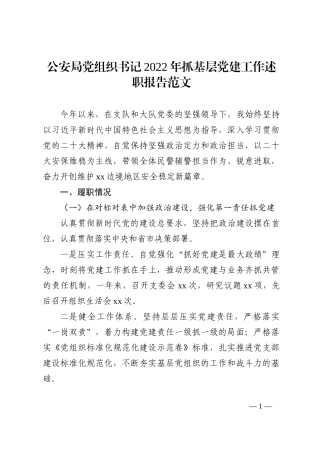 公安局党组织书记2022年抓基层党建工作述职报告范文