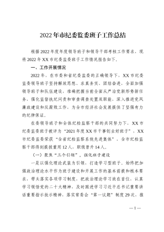 2022年市纪委监委班子工作总结