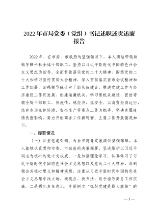 2022年市局党委（党组）书记述职述责述廉报告