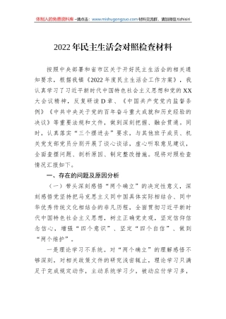 2022年民主生活会对照检查材料