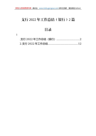 支行2022年工作总结（银行）2篇