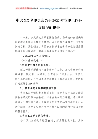中共XX乡委员会关于2022年党委工作开展情况的报告