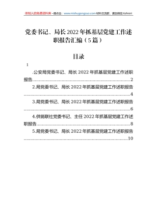 党委书记、局长2022年抓基层党建工作述职报告汇编（5篇）