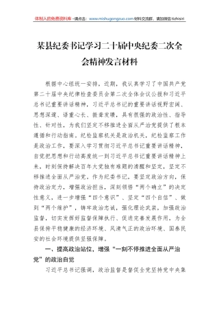 某县纪委书记学习二十届中央纪委二次全会精神发言材料