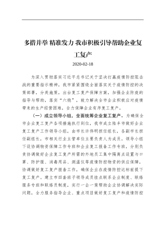 多措并举精准发力我市积极引导帮助企业复工复产