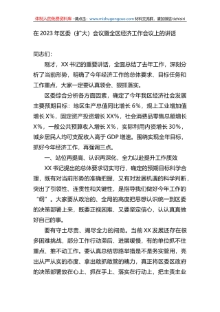 在2023年区委（扩大）会议暨全区经济工作会议上的讲话
