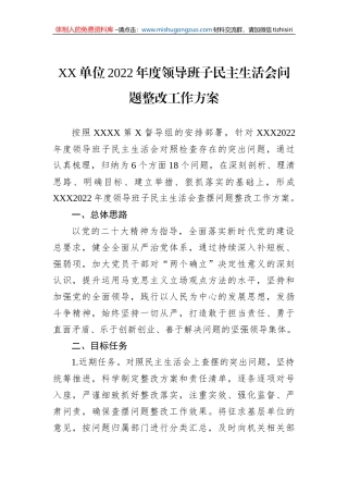 XX单位2022年度领导班子民主生活会问题整改工作方案