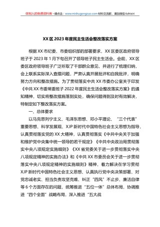 XX区2023年度民主生活会整改落实方案