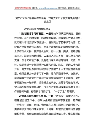 党员在2022年度组织生活会上对党支部班子及支委成员的批评意见