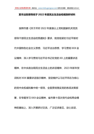 某市法院领导班子2022年度民主生活会检视剖析材料