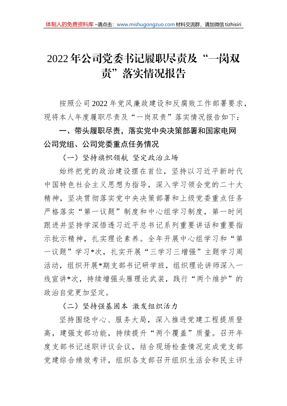 2022年公司党委书记履职尽责及“一岗双责”落实情况报告_第1页