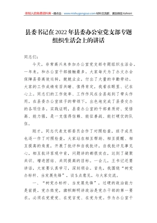 县委书记在2022年县委办公室党支部专题组织生活会上的讲话