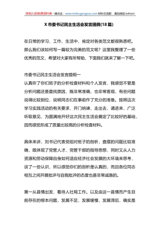 X市委书记民主生活会发言提纲(18篇）