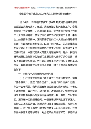 企业领导班子成员2022年民主生活会对照检查材料