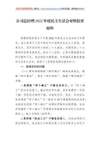 公司总经理2022年度民主生活会对照检查材料