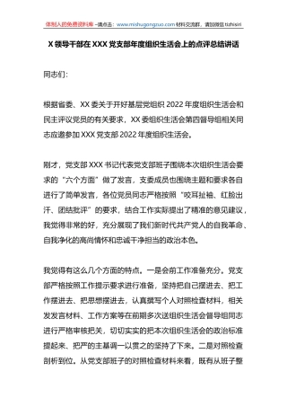 X领导干部在XXX党支部年度组织生活会上的点评总结讲话 (1)