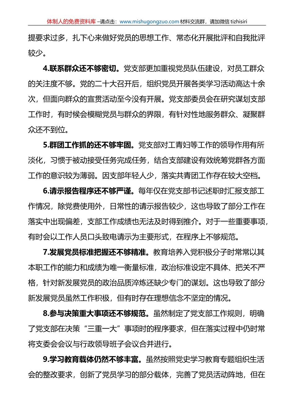 党支部2022年度组织生活会班子对照检查问题清单、问题整改清单范文_第2页