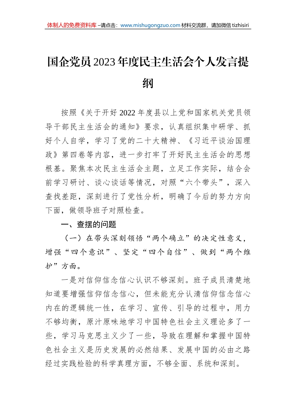 国企党员2023年度民主生活会个人发言提纲_第1页